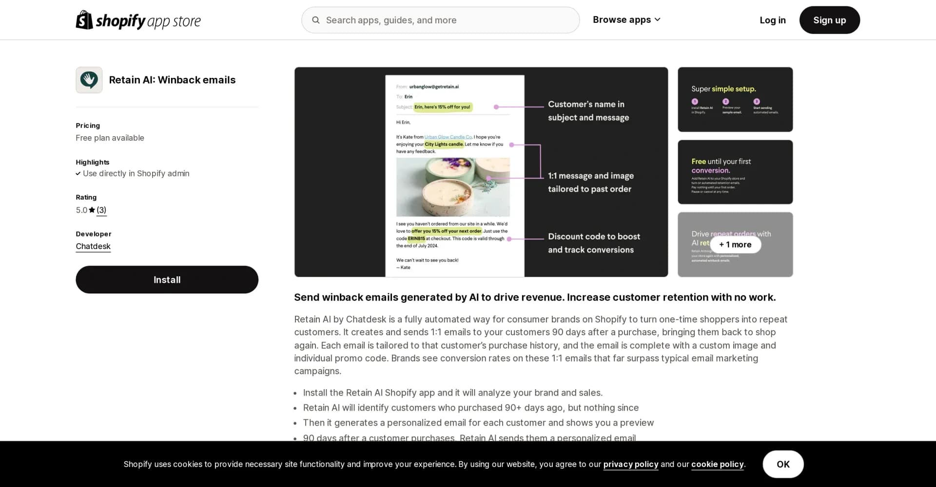 Retain AI: Winback emails homepage screenshot — Send AI-generated customer retention emails automatically
