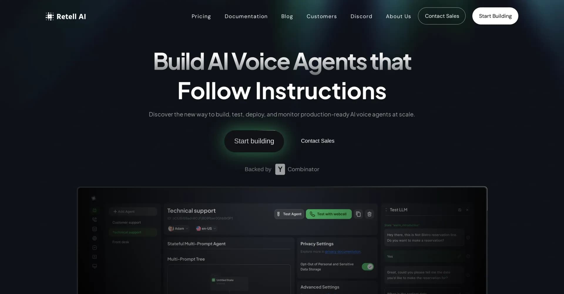 Retell AI homepage screenshot — Build human-like voice AI agents in a day