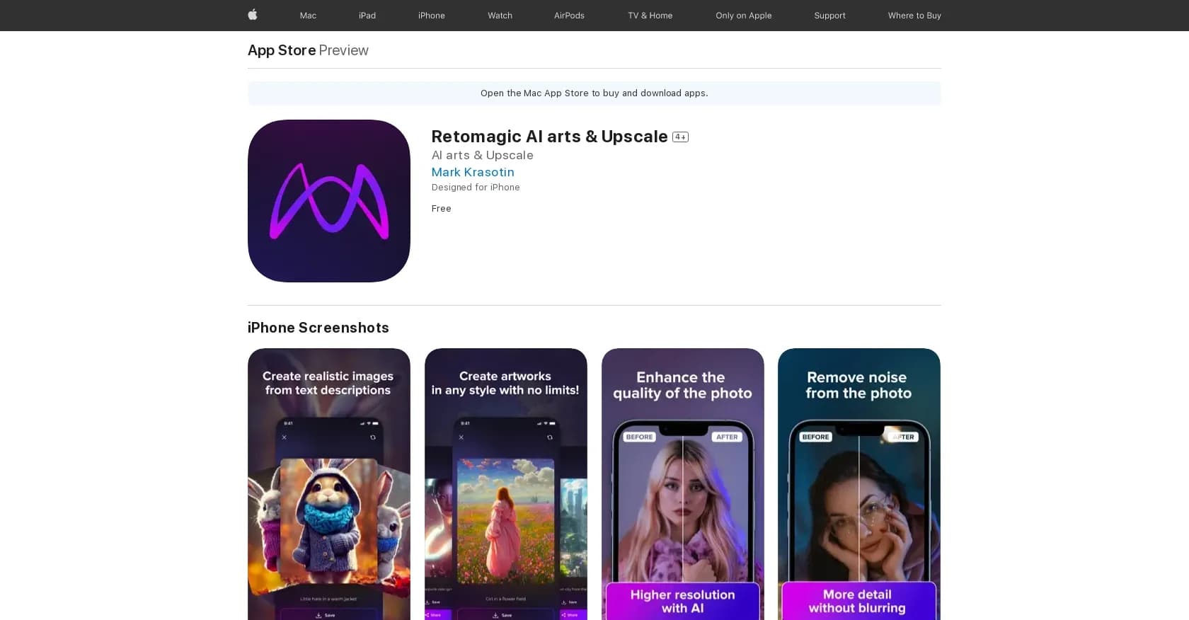 Retomagic AI homepage screenshot — An app for generating unique artwork and editing photos.