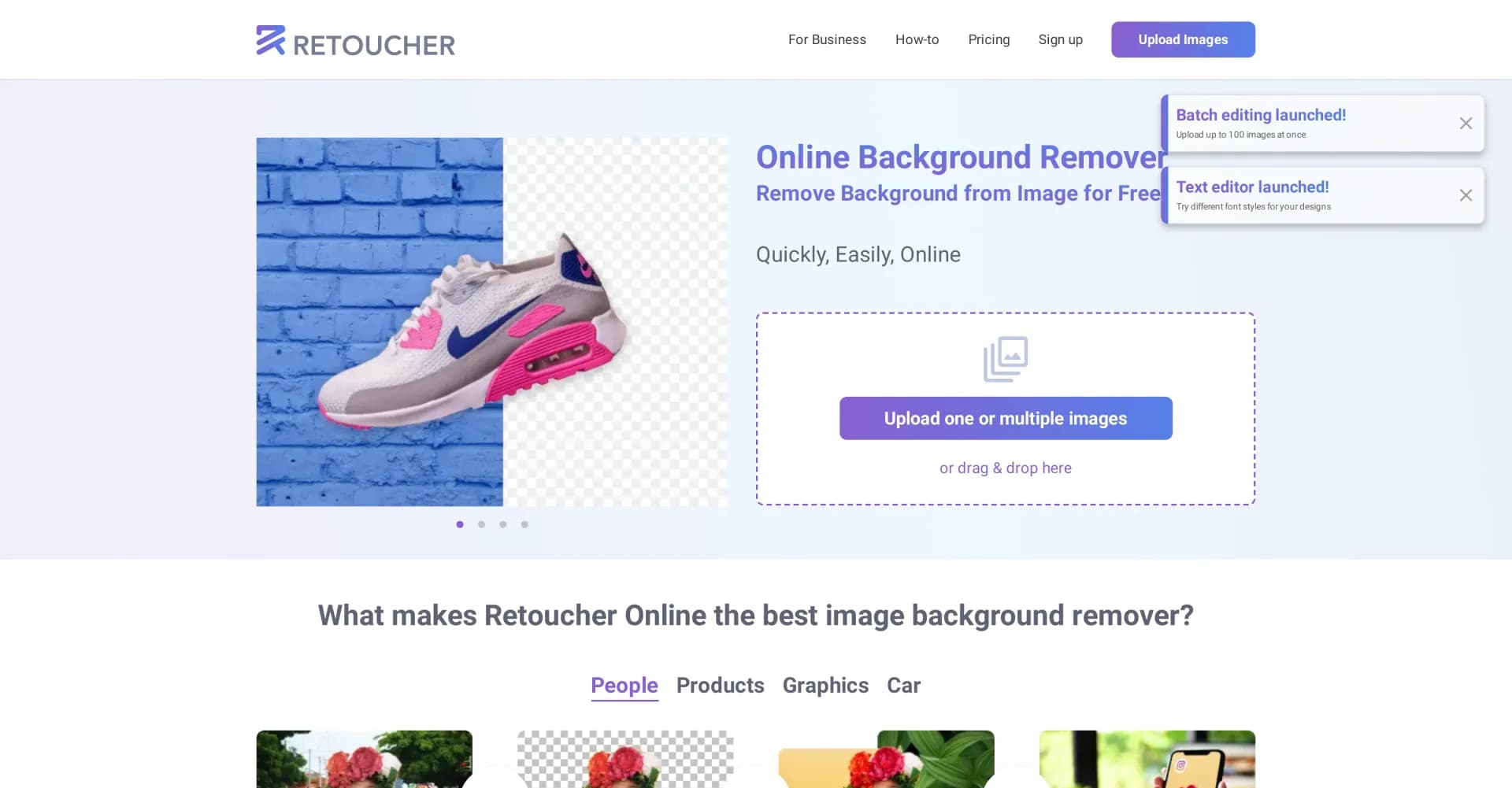 Retoucher homepage screenshot — Instantly remove backgrounds from images online.