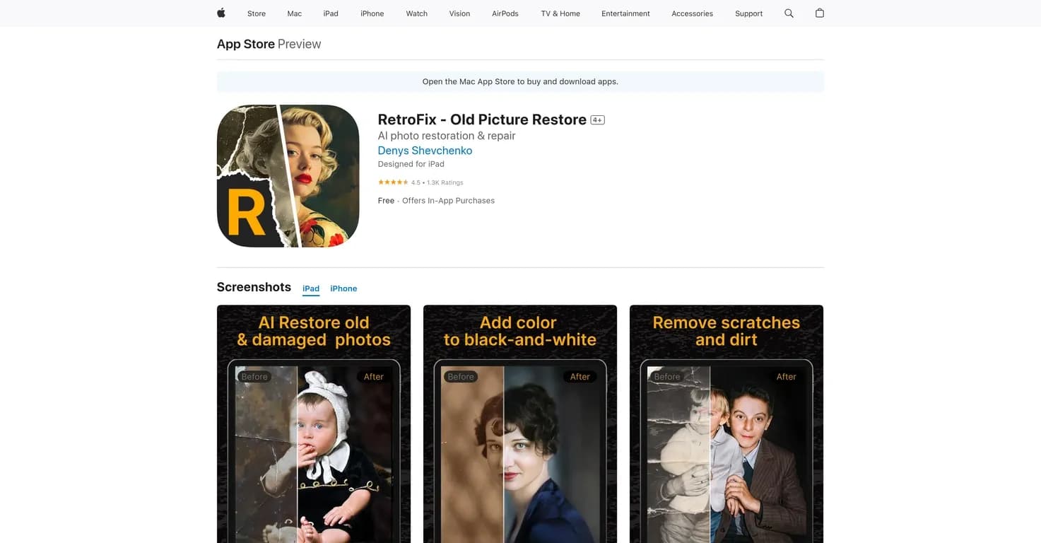 RetroFix - Old Picture Restore homepage screenshot — Revive old photos with AI-powered restoration.