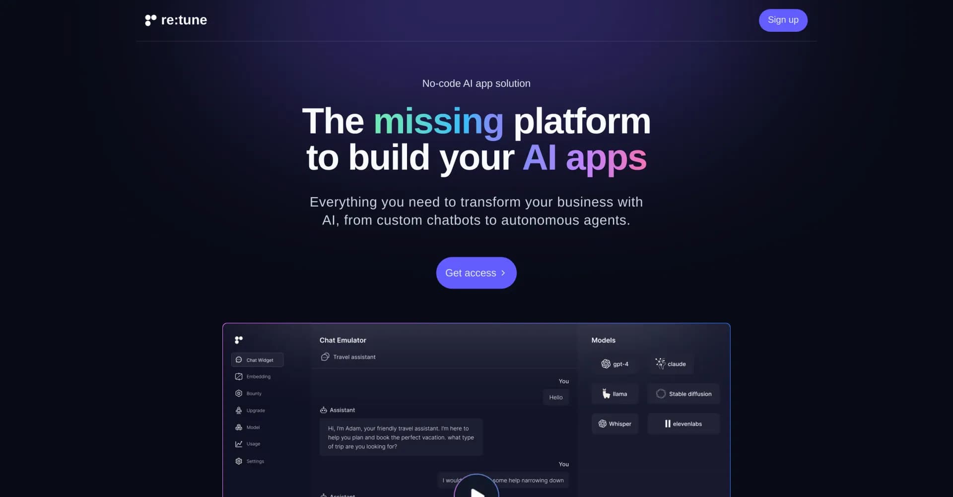 Retune homepage screenshot — Build custom AI apps without code