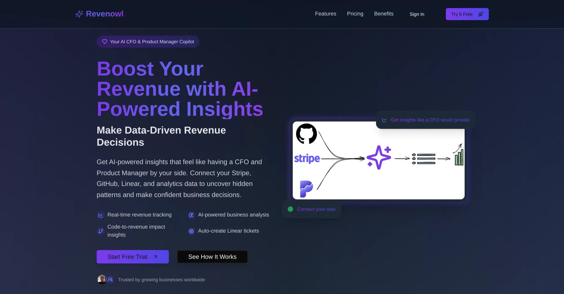 Revenowl homepage screenshot — Your AI CFO & Product Manager Copilot
