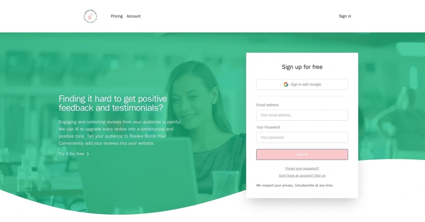 Review Bomb Me homepage screenshot — Upgrade reviews into positive, constructive feedback.