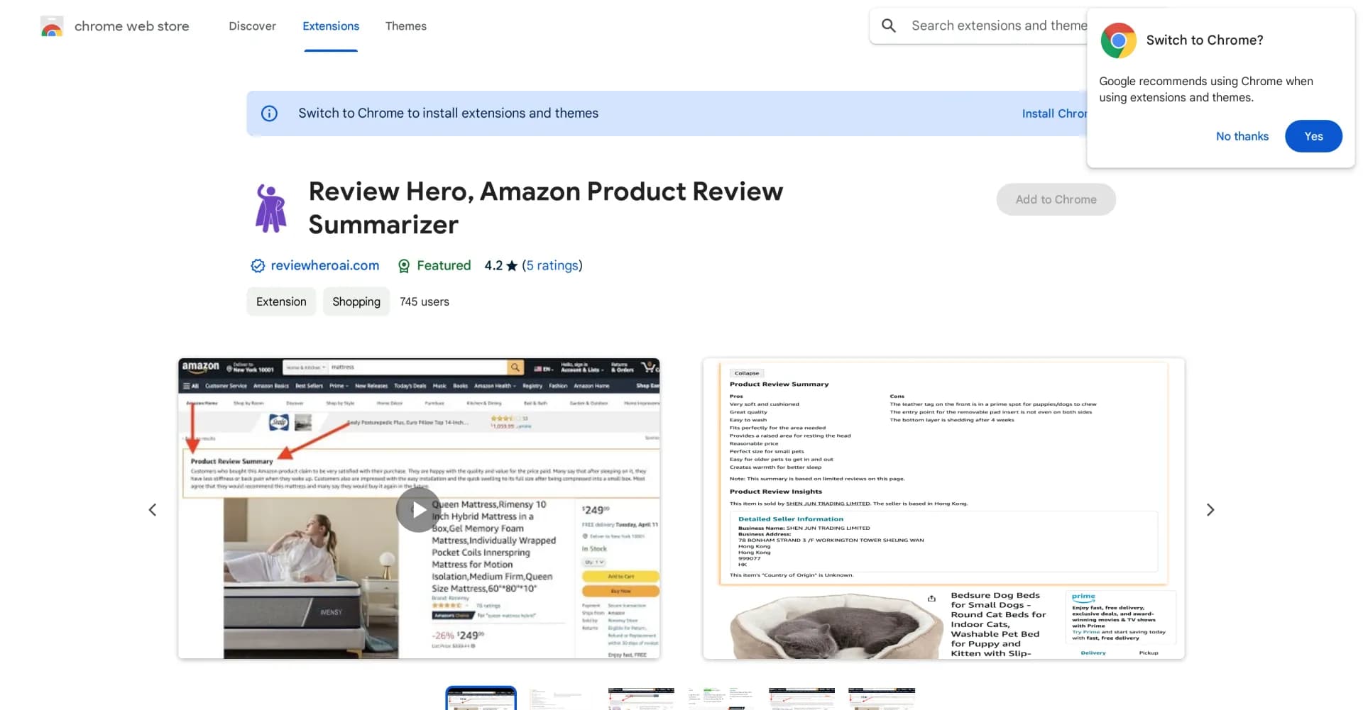 Review Hero homepage screenshot — Summarizes Amazon reviews for informed choices.