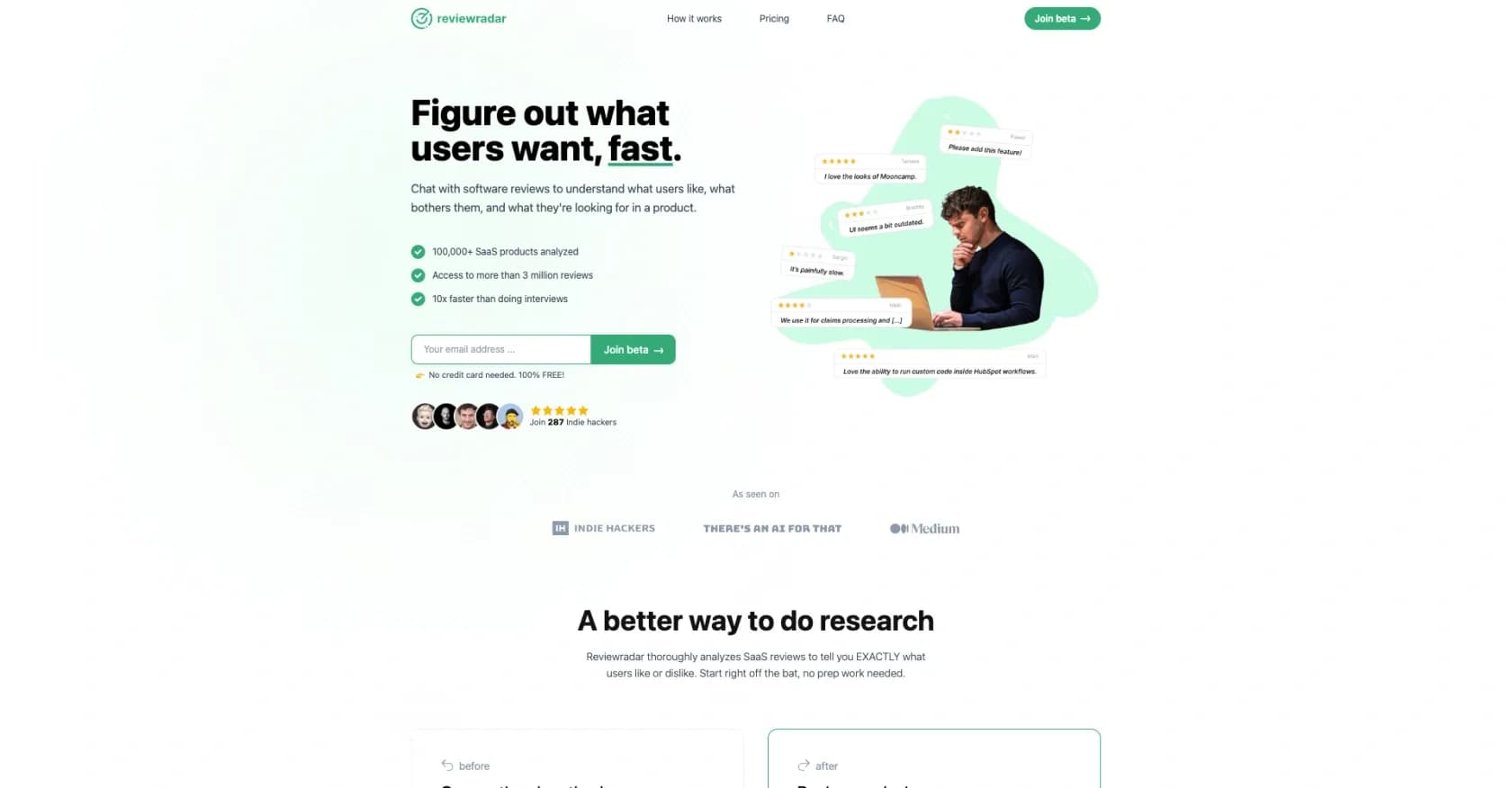 Review Radar homepage screenshot — Quickly uncover user desires and feedback.