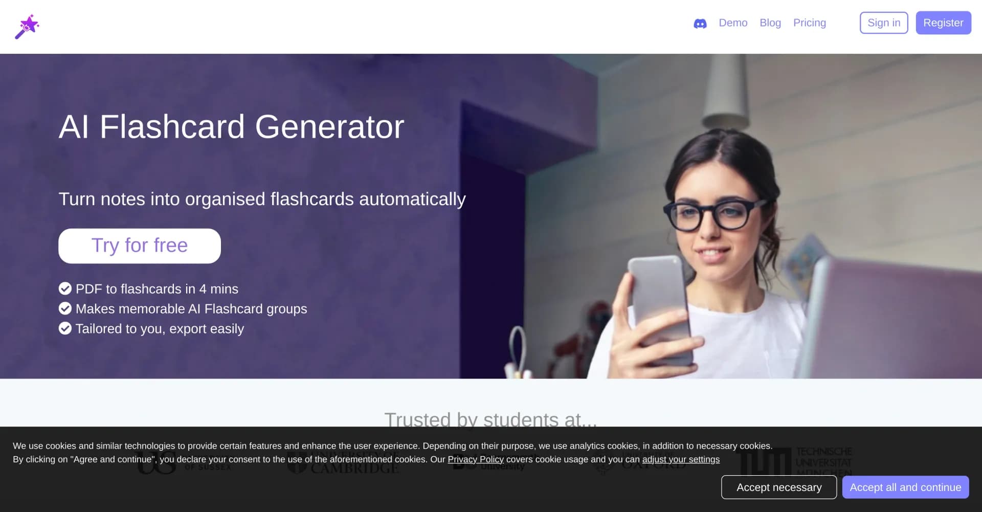 Revision homepage screenshot — Turn study notes into interactive quizzes.