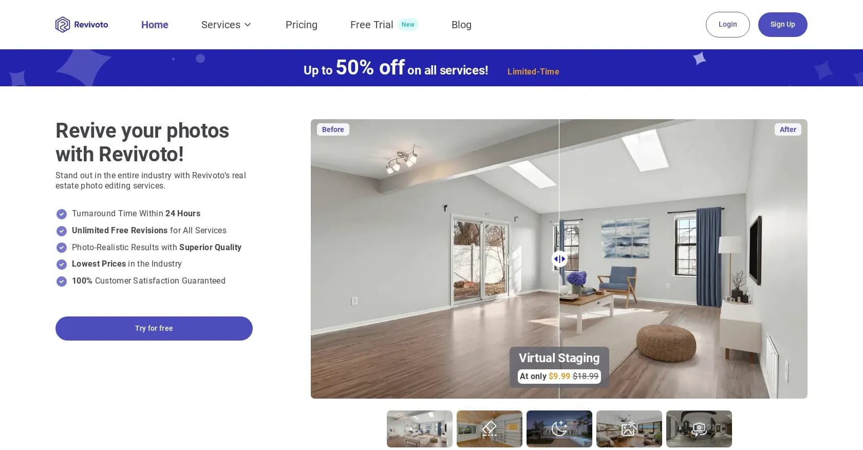 Revivoto homepage screenshot — Revive real estate photos with AI-powered editing