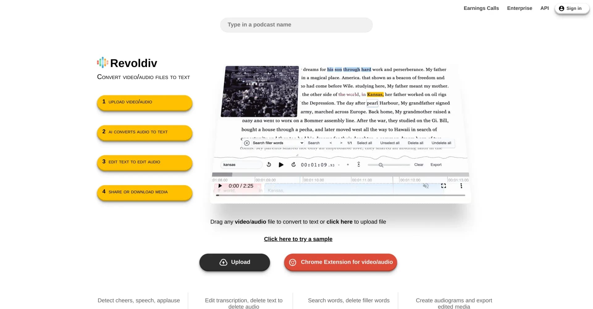 Revoldivv2.1 homepage screenshot — Convert video/audio to editable text instantly