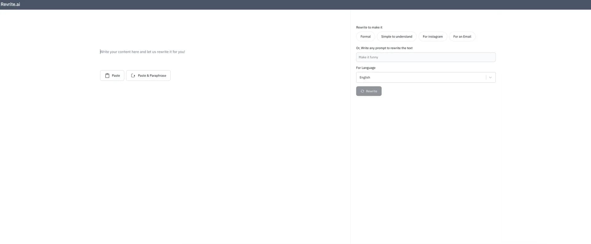 Revrite homepage screenshot — Paraphrase content into clear, fluent messages.