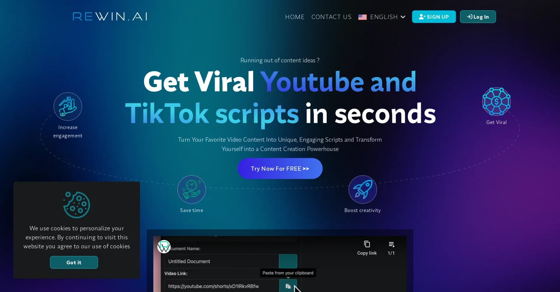 Rewin homepage screenshot — AI-powered video script optimizer for viral content