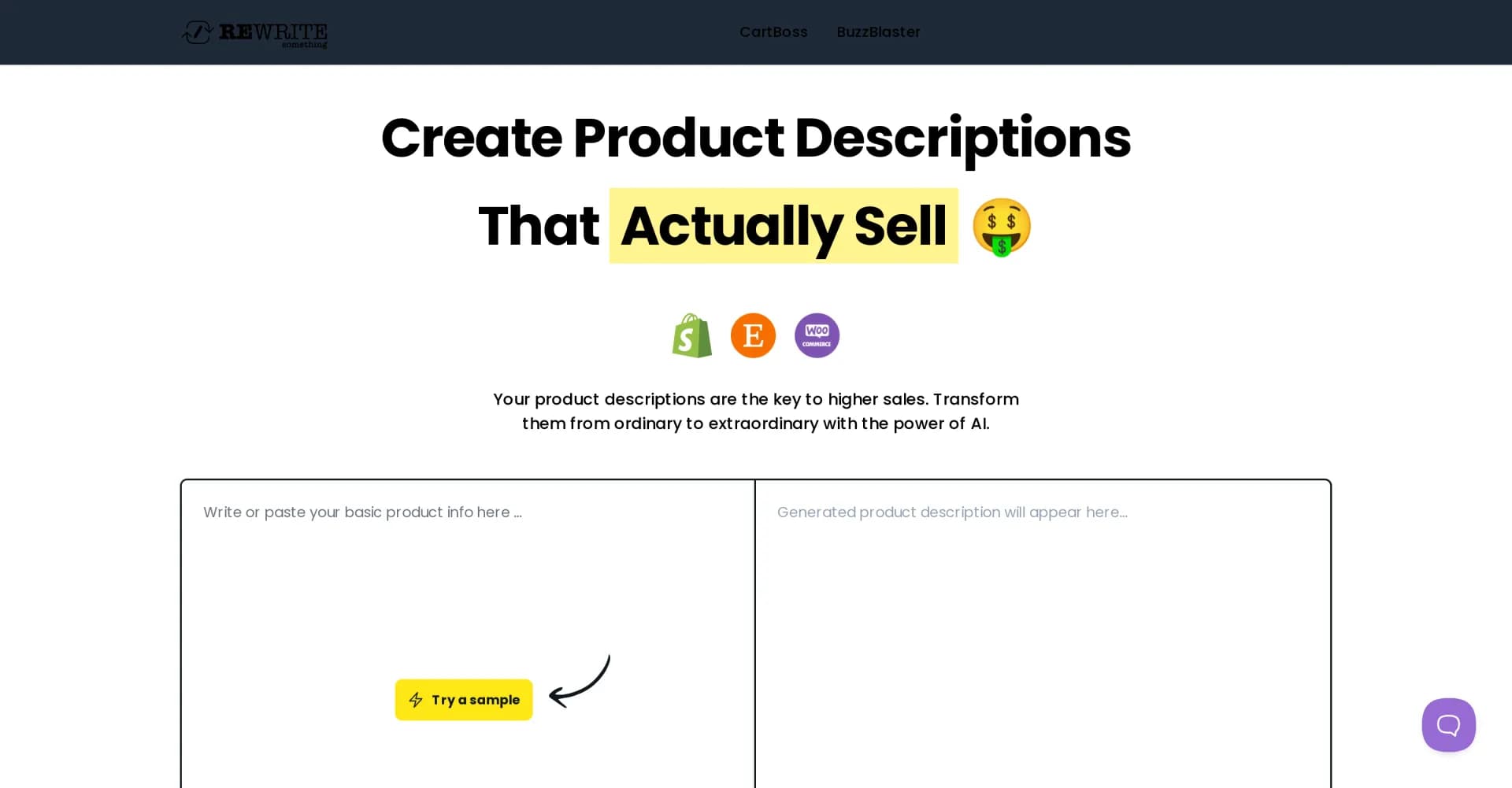 RewriteSomething homepage screenshot — Create product descriptions that sell with AI