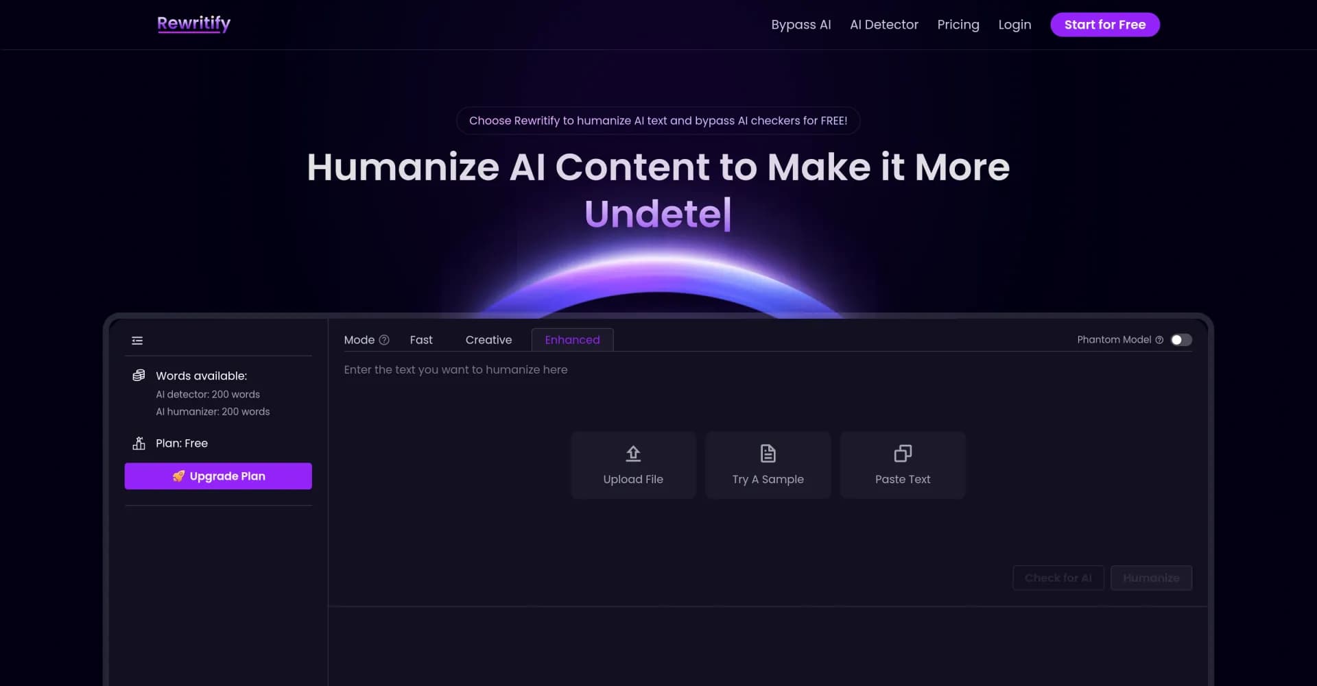 Rewritify AI homepage screenshot — Humanize AI content to bypass detection.