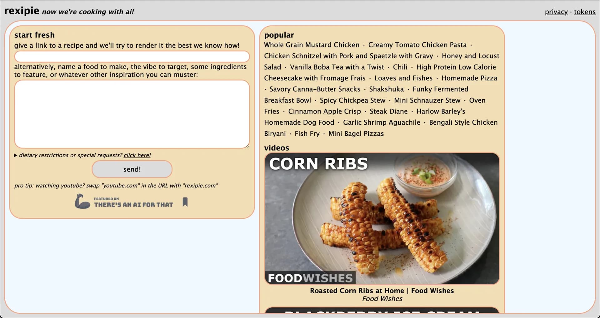 rexipie homepage screenshot — Generate cooking recipes from text/video