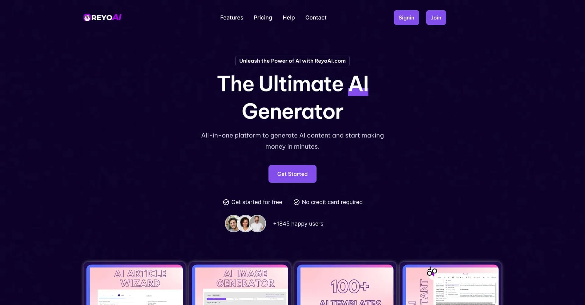 ReyoAI homepage screenshot — Generate AI content and monetize in minutes