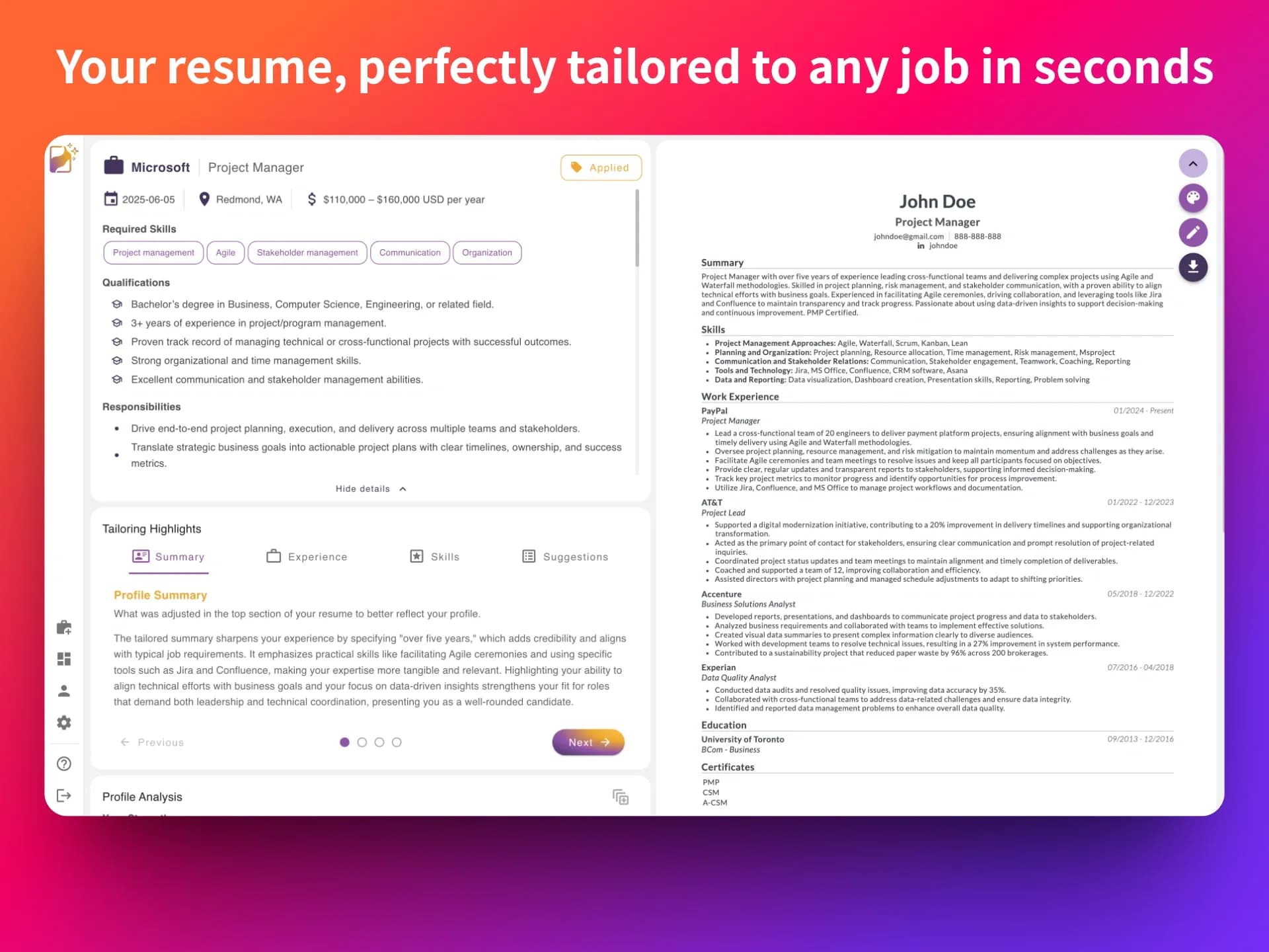 Reztune homepage screenshot — Instantly rewrite and format your resume for any job