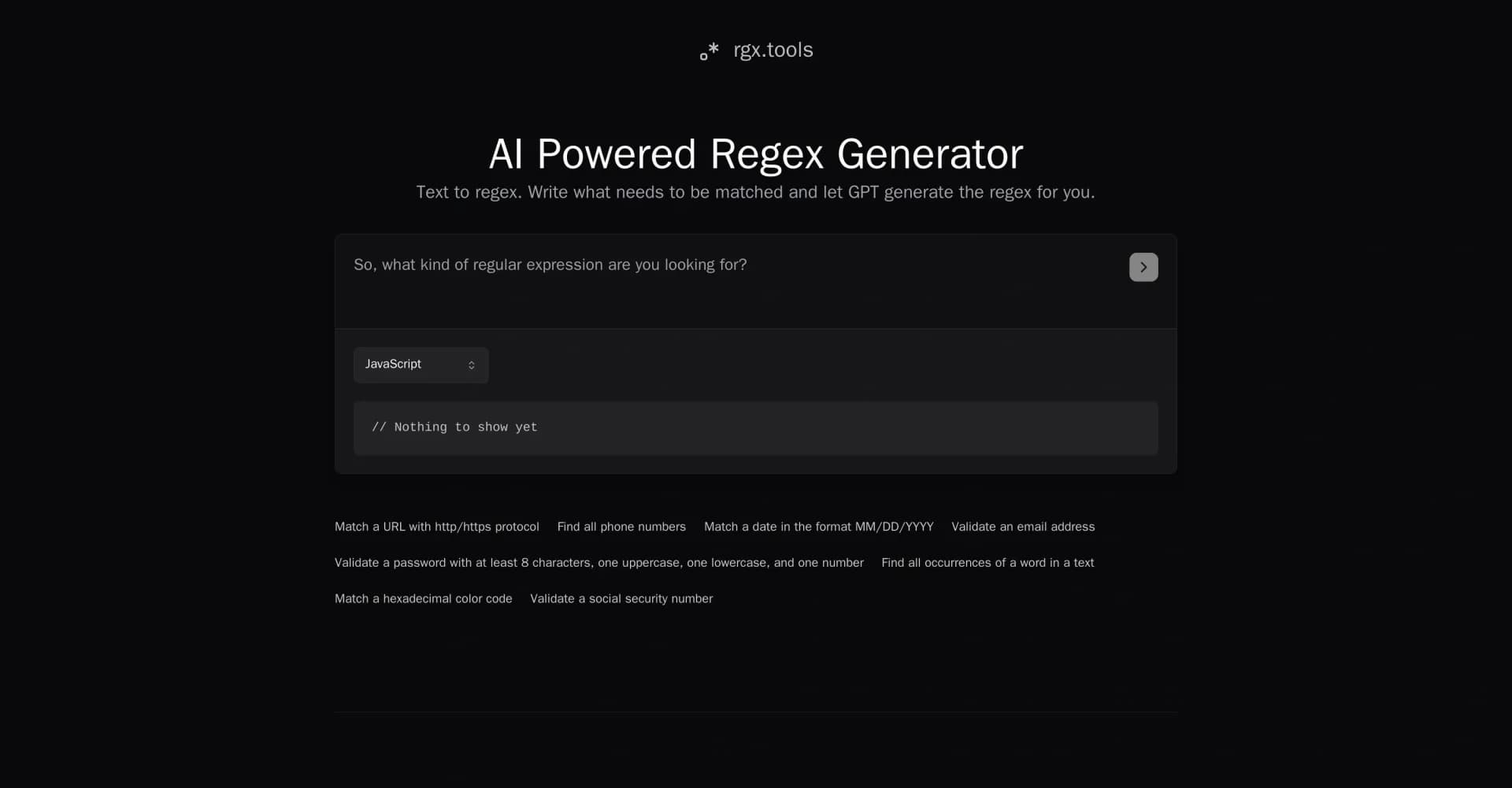 RGX Tools homepage screenshot — AI-powered regex generator: Text to regex made easy.
