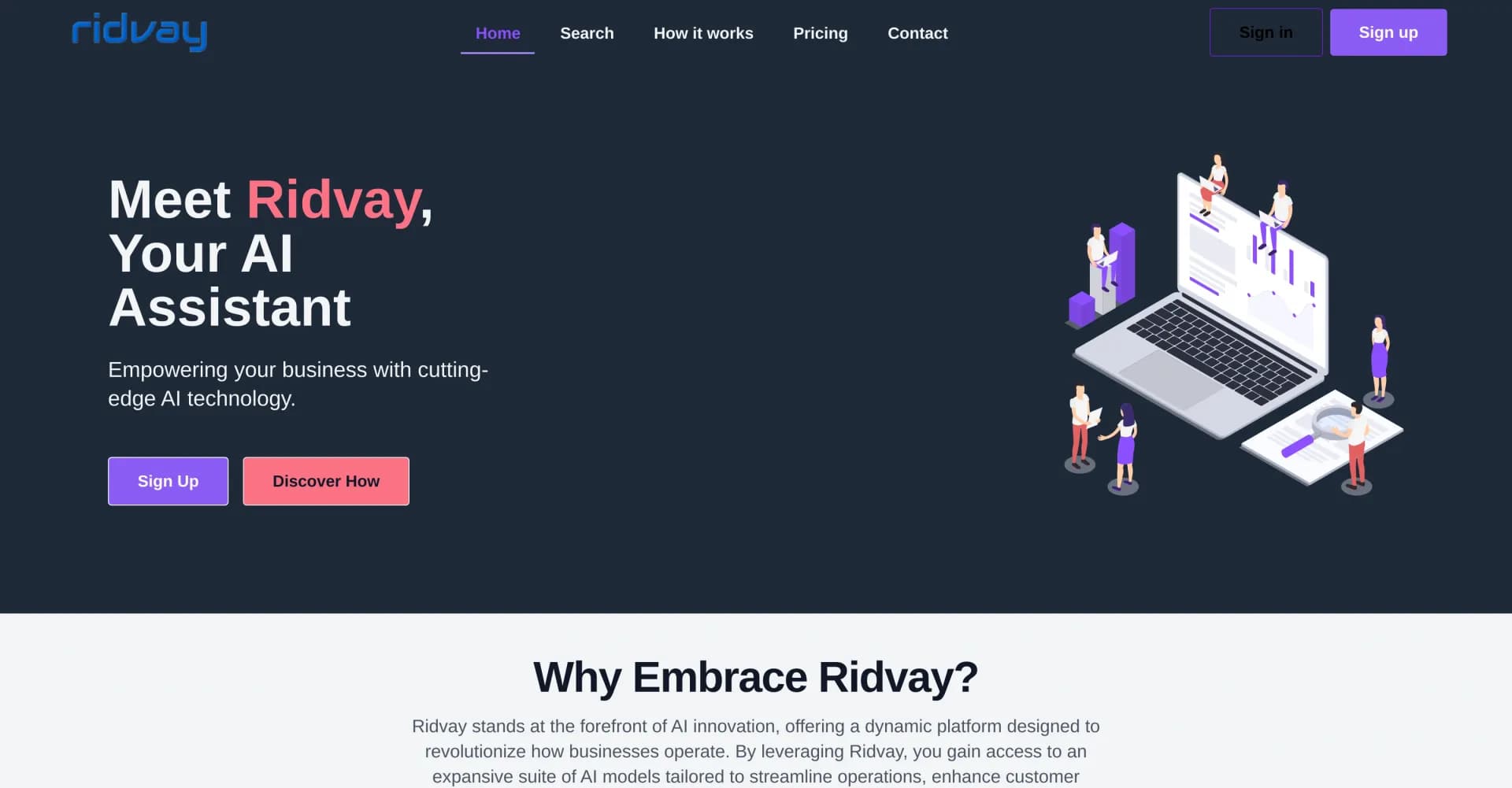 Ridvay homepage screenshot — Elevate your business with AI-powered insights and automatio