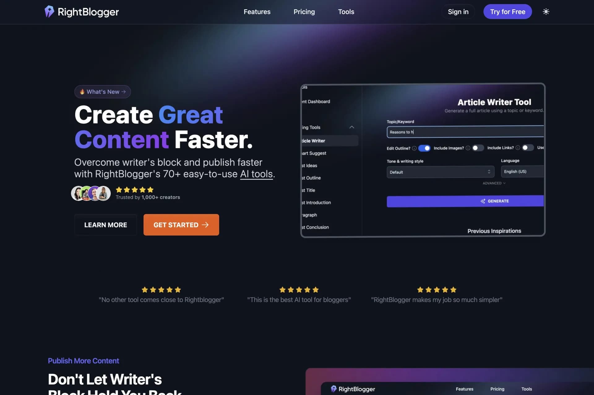 RightBloggerv2.5 homepage screenshot — All the tools you’ll need to research, create, and promote y