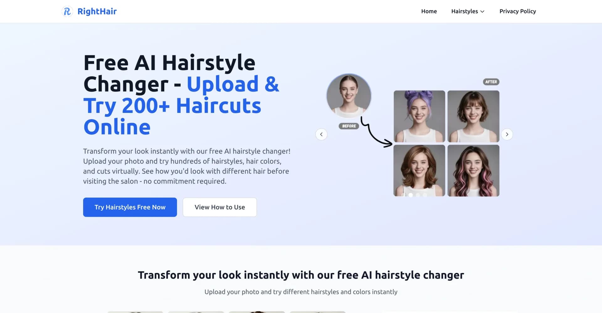 RightHair homepage screenshot — Try 200+ hairstyles instantly with AI before committing.
