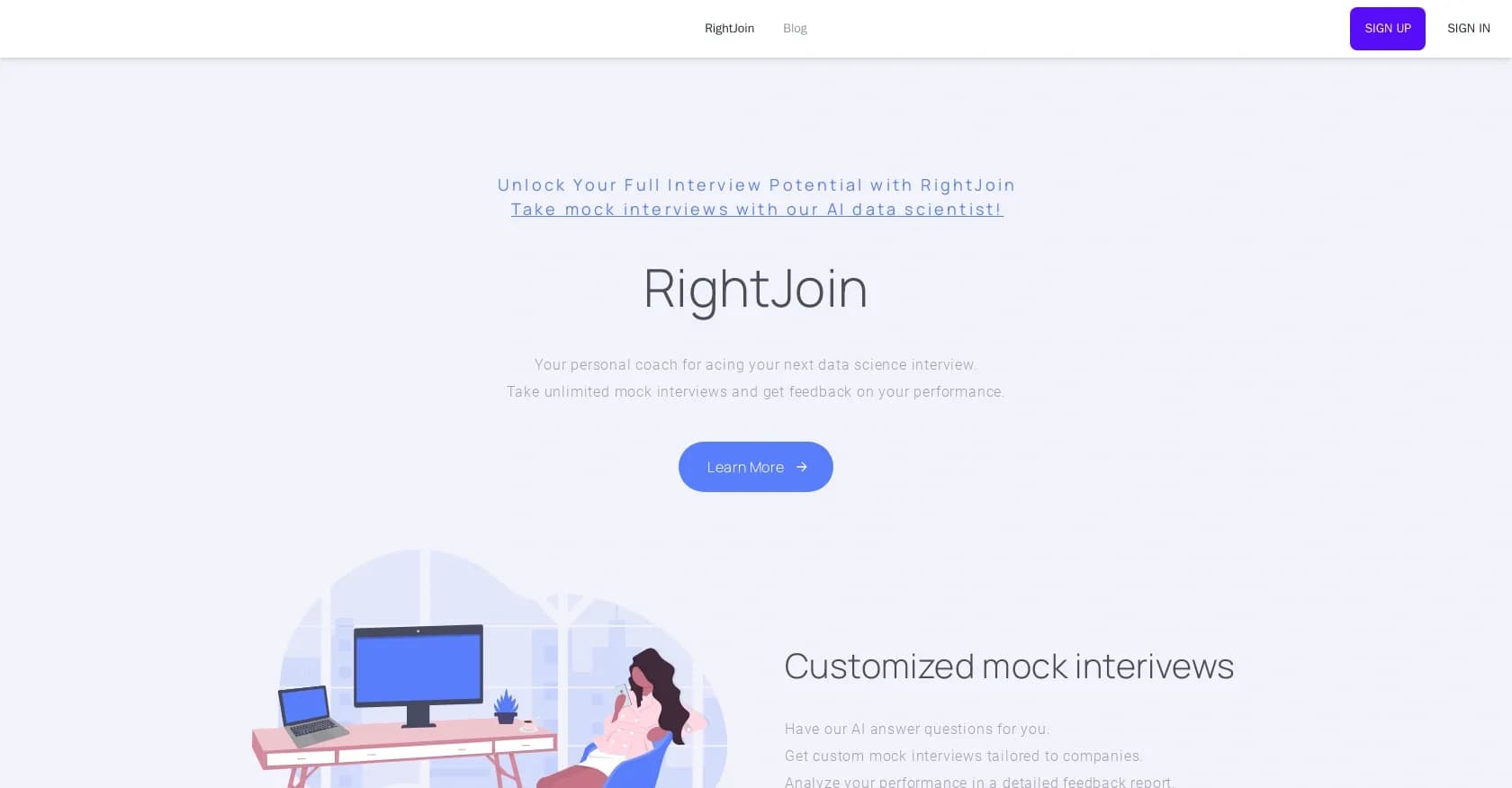 RightJoin homepage screenshot — AI-powered mock interviews for data scientists