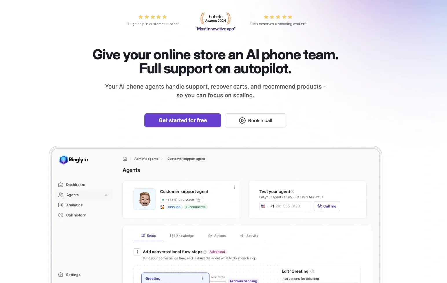 Ringly.io homepage screenshot — Give your online store an AI phone team. Full support on aut