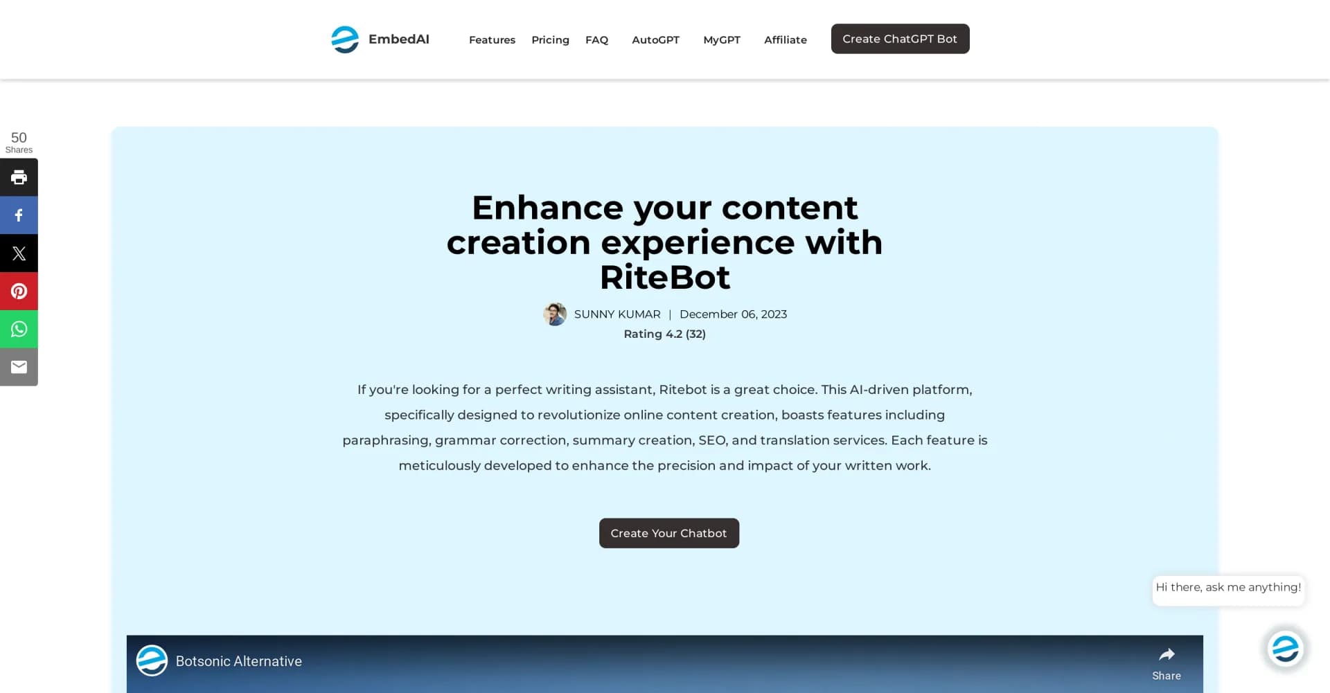 RiteBot homepage screenshot — Free ChatGPT frontend with prompt library and chat history