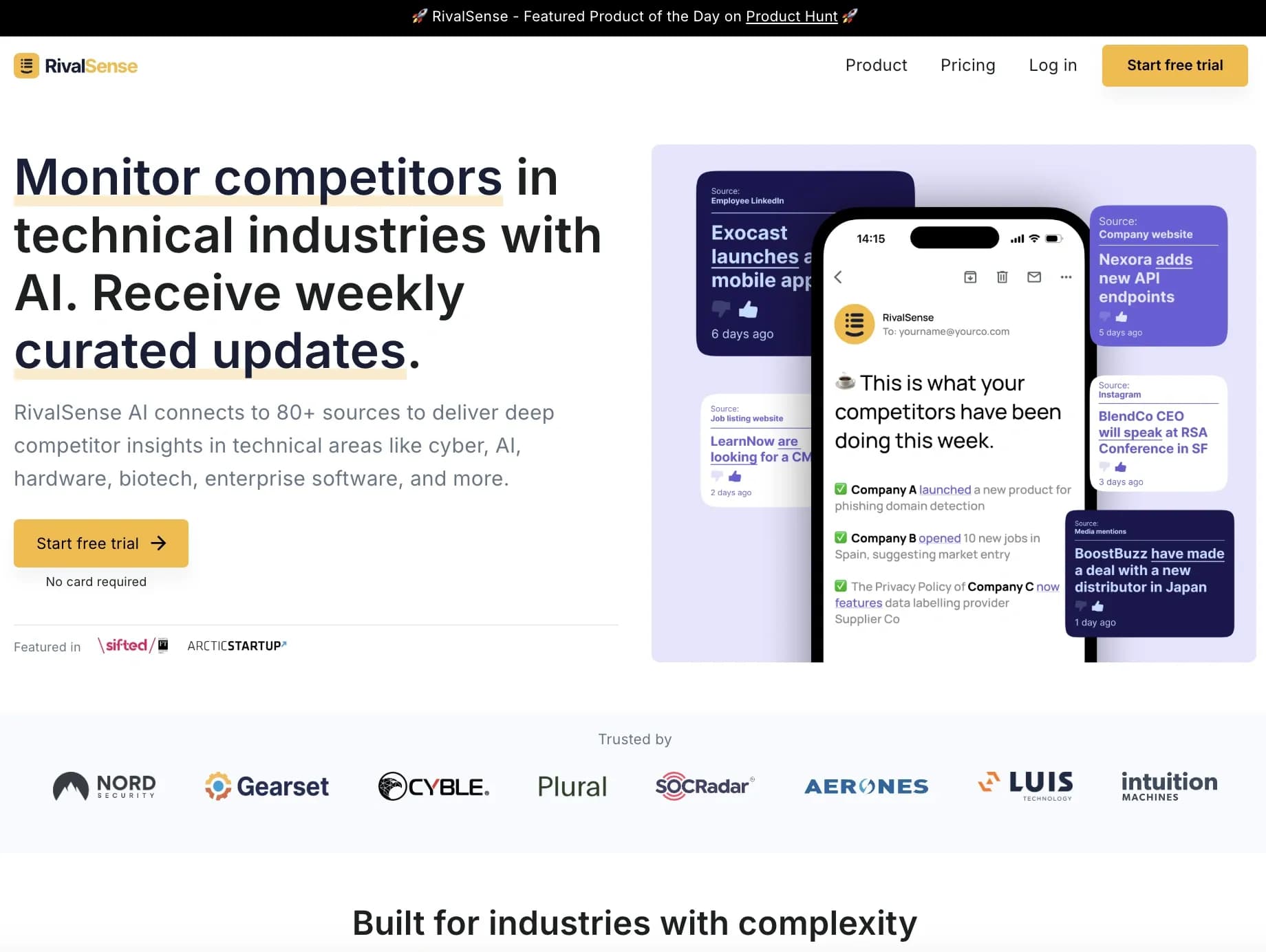 RivalSense homepage screenshot — AI-powered company monitoring for actionable insights.