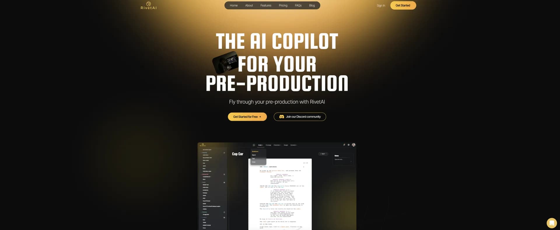 RivetAI homepage screenshot — AI copilot for streamlined pre-production.
