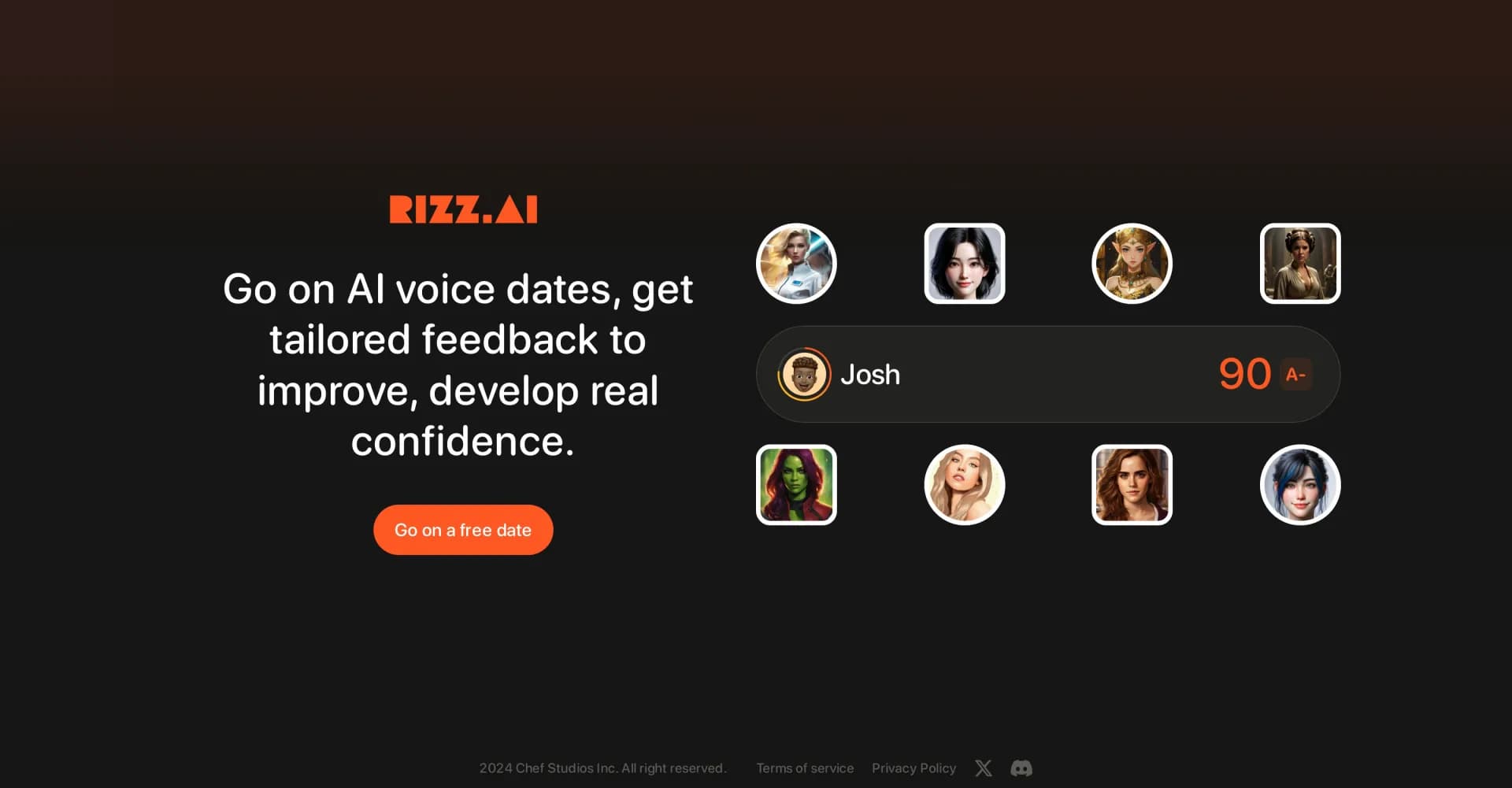 Rizz AI homepage screenshot — Boost dating confidence with AI voice scenarios.