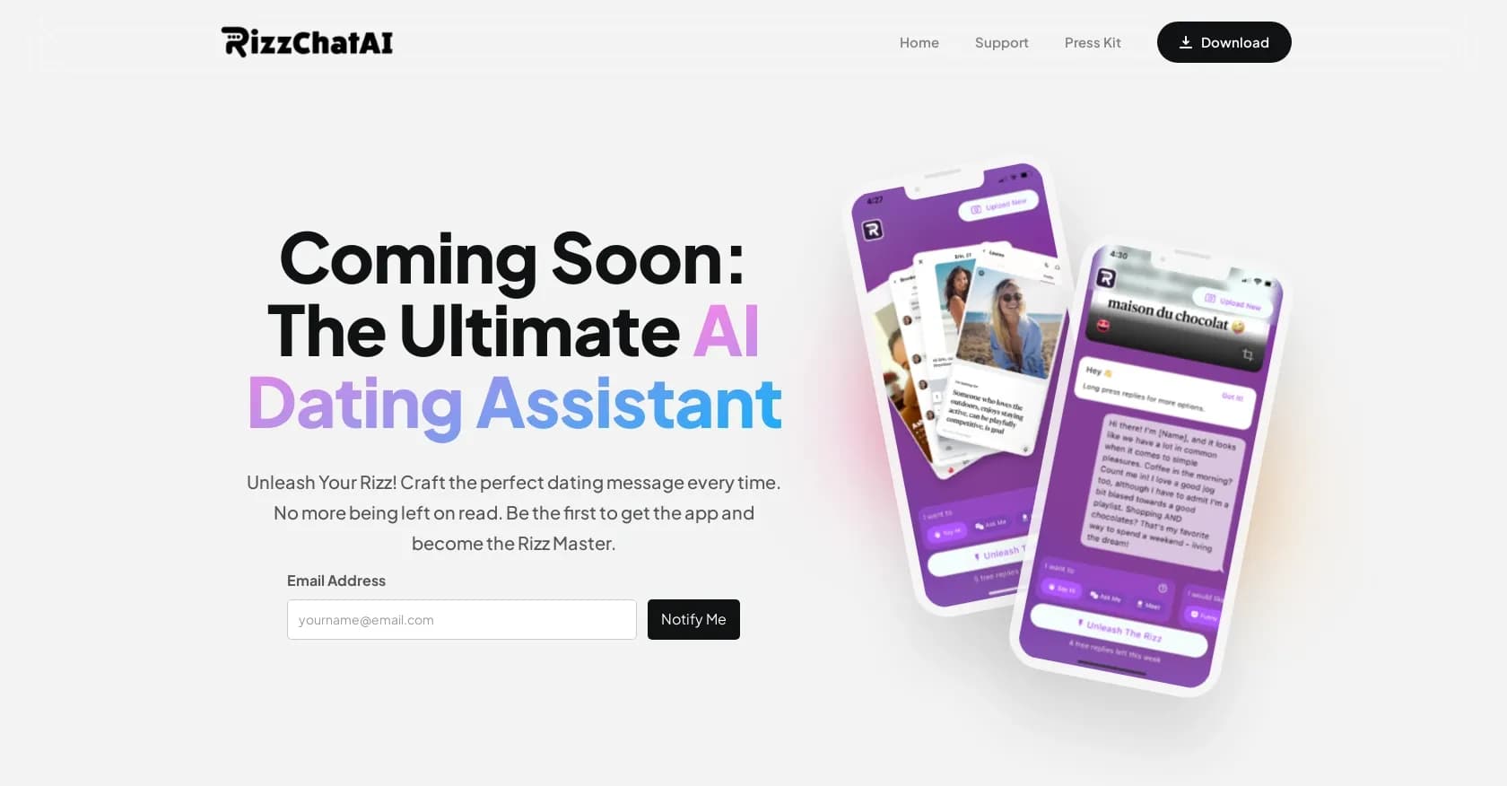 RizzChatAI homepage screenshot — Unleash your dating charm with AI-powered responses.