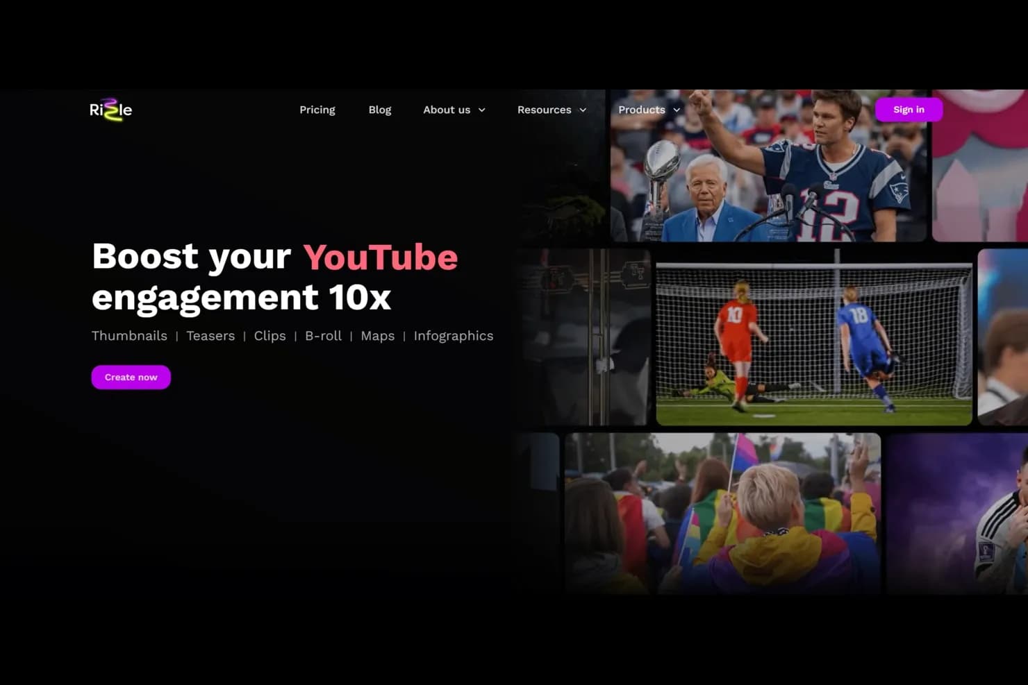 Rizzle homepage screenshot — Transform text into engaging videos in minutes.