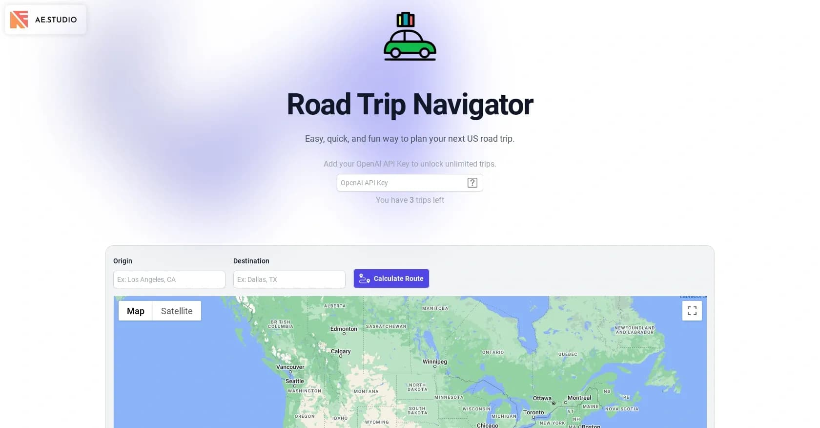 Road Trip Navigator homepage screenshot — Plan your perfect US road trip in seconds