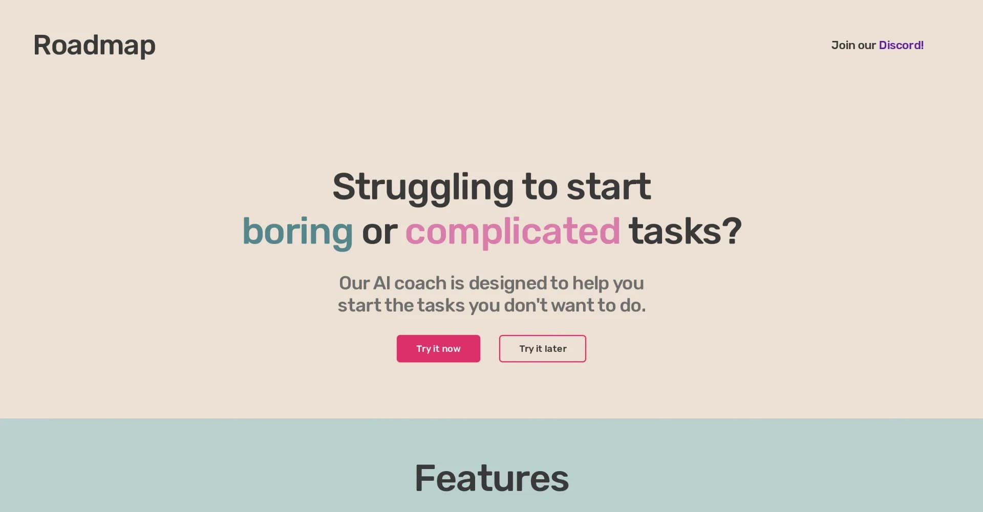 Roadmap homepage screenshot — AI coach to jumpstart your procrastinated tasks