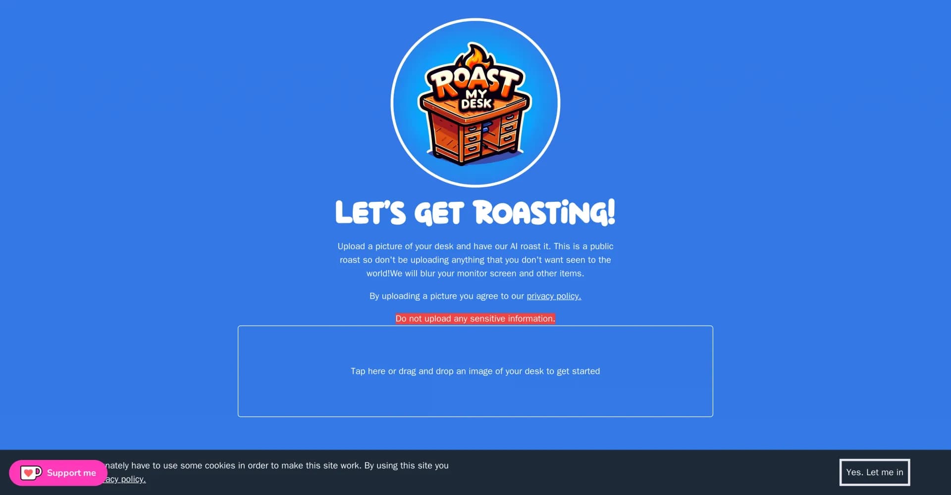 Roast My Desk homepage screenshot — Desk jokes and fun.