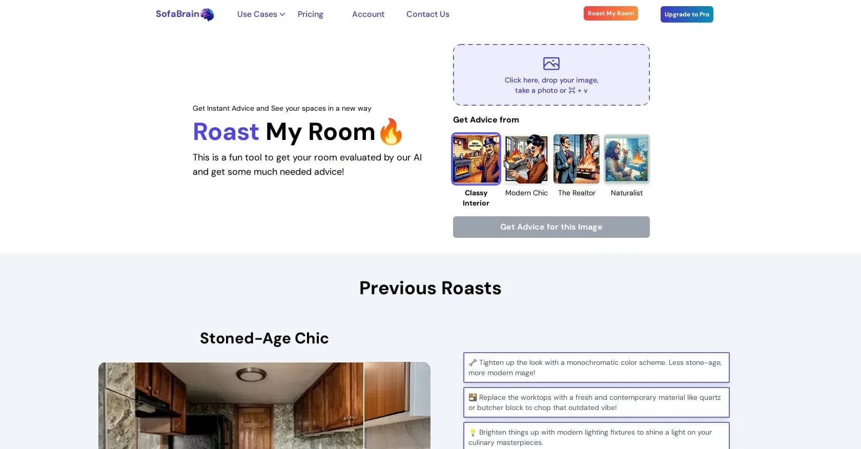 Roast My Room homepage screenshot — Visualize new spaces with AI-powered interior design.