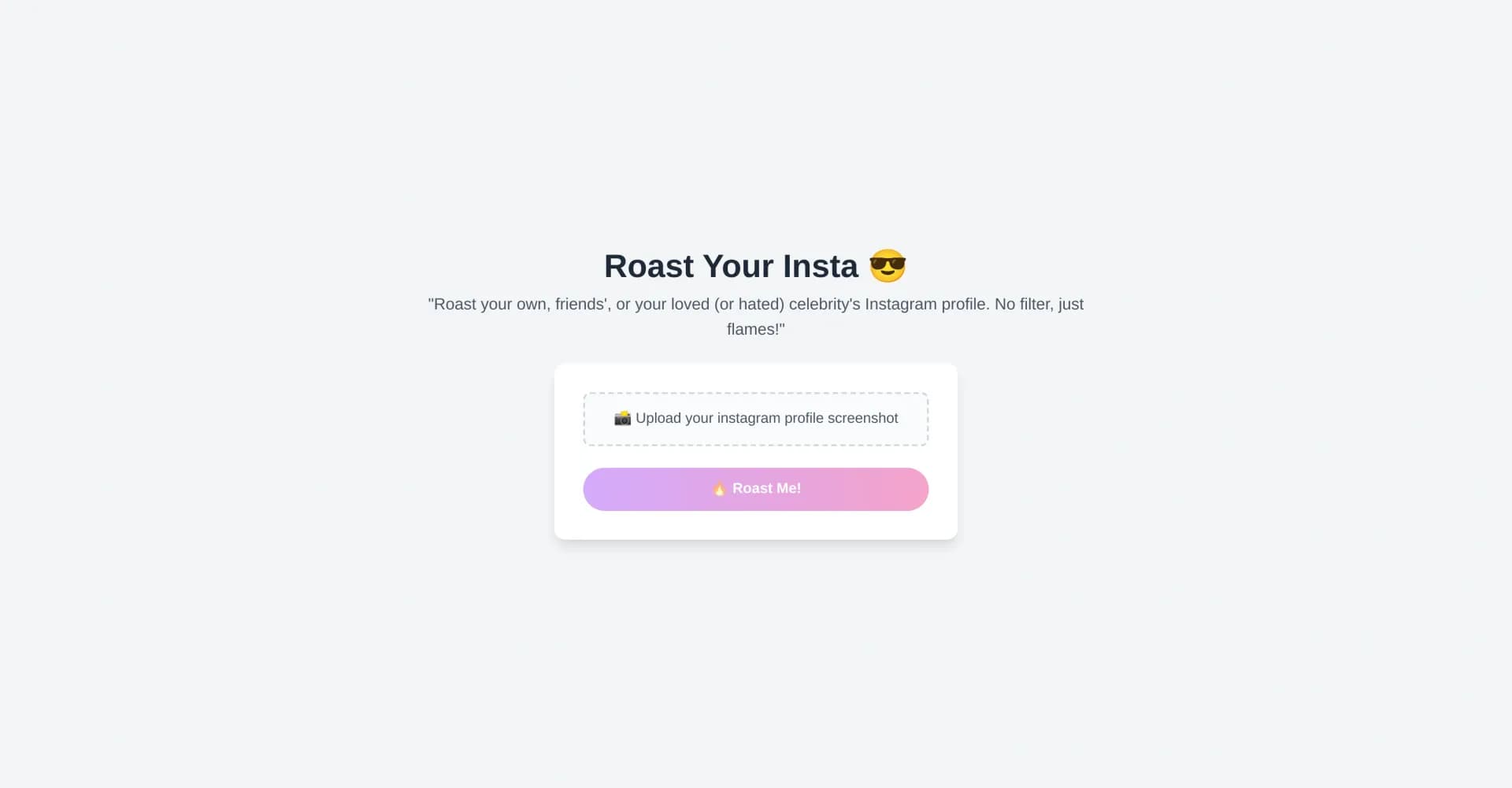 Roast Your Insta homepage screenshot — Roast Instagram profiles with AI-generated burns
