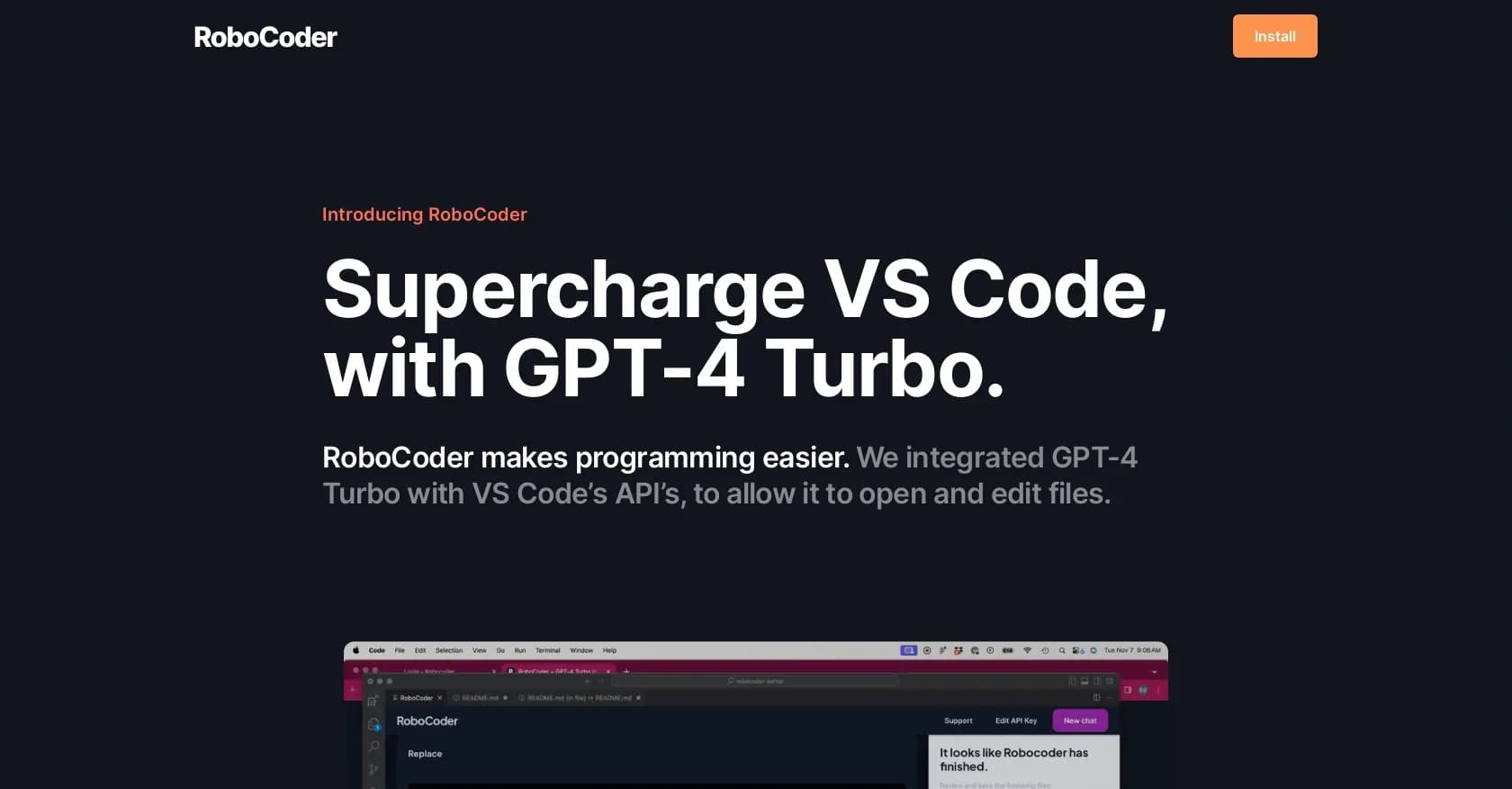 RoboCoder homepage screenshot — Supercharge VS Code with GPT-4 Turbo integration