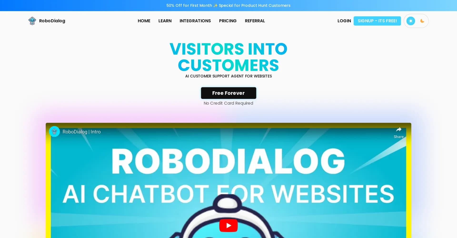 RoboDialog homepage screenshot — AI customer support agent for websites