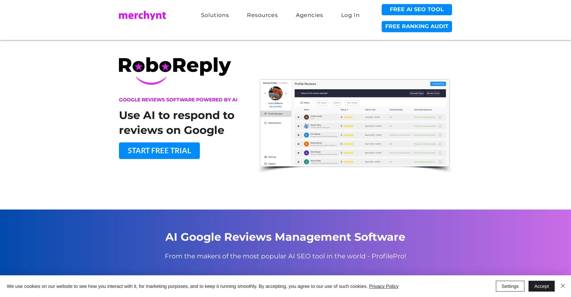RoboReply homepage screenshot — Respond to Google reviews in seconds with AI