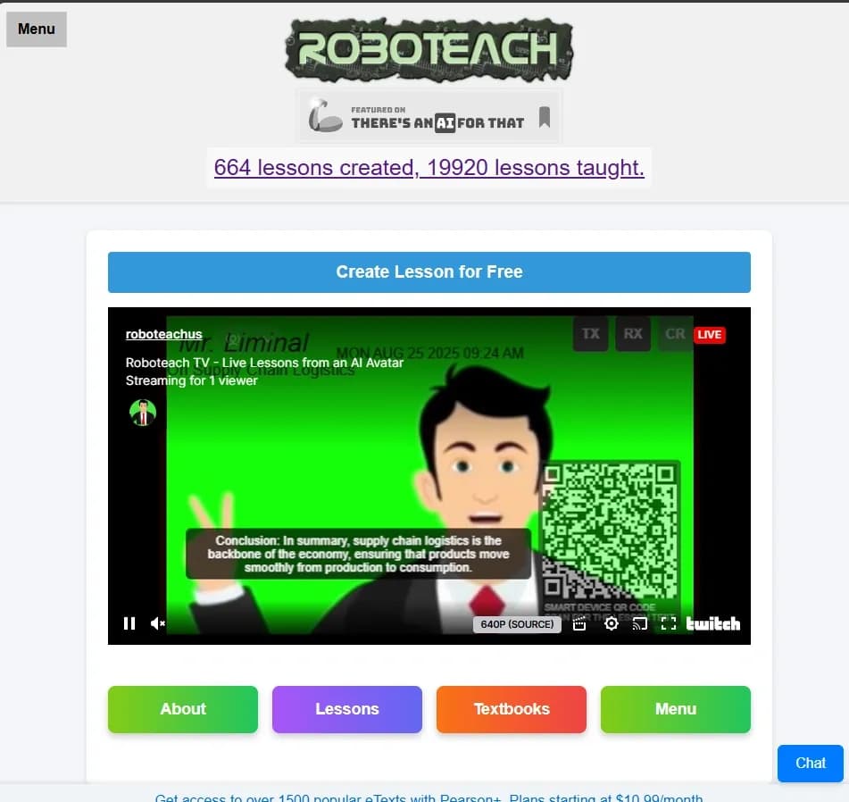 RoboTeach homepage screenshot — AI-powered lessons in minutes, for any subject and grade.