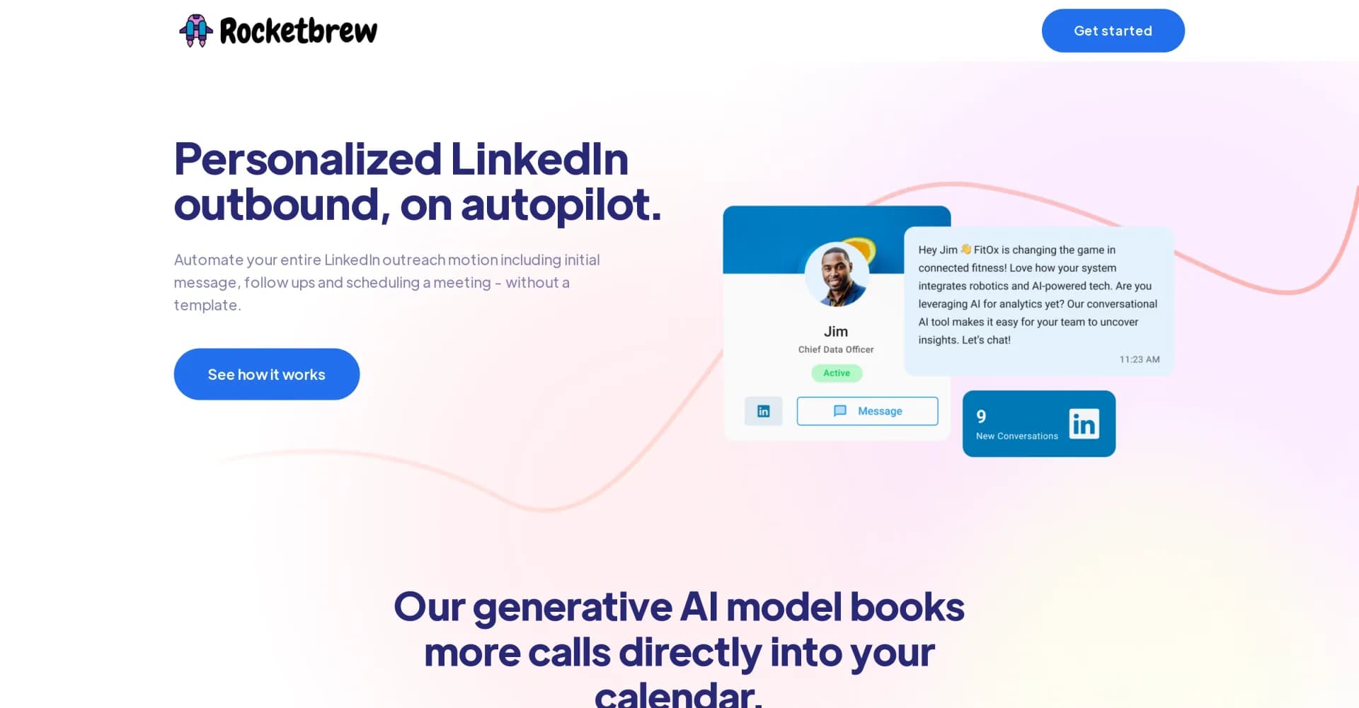 Rocketbrew homepage screenshot — AI-powered personalized LinkedIn outreach automation
