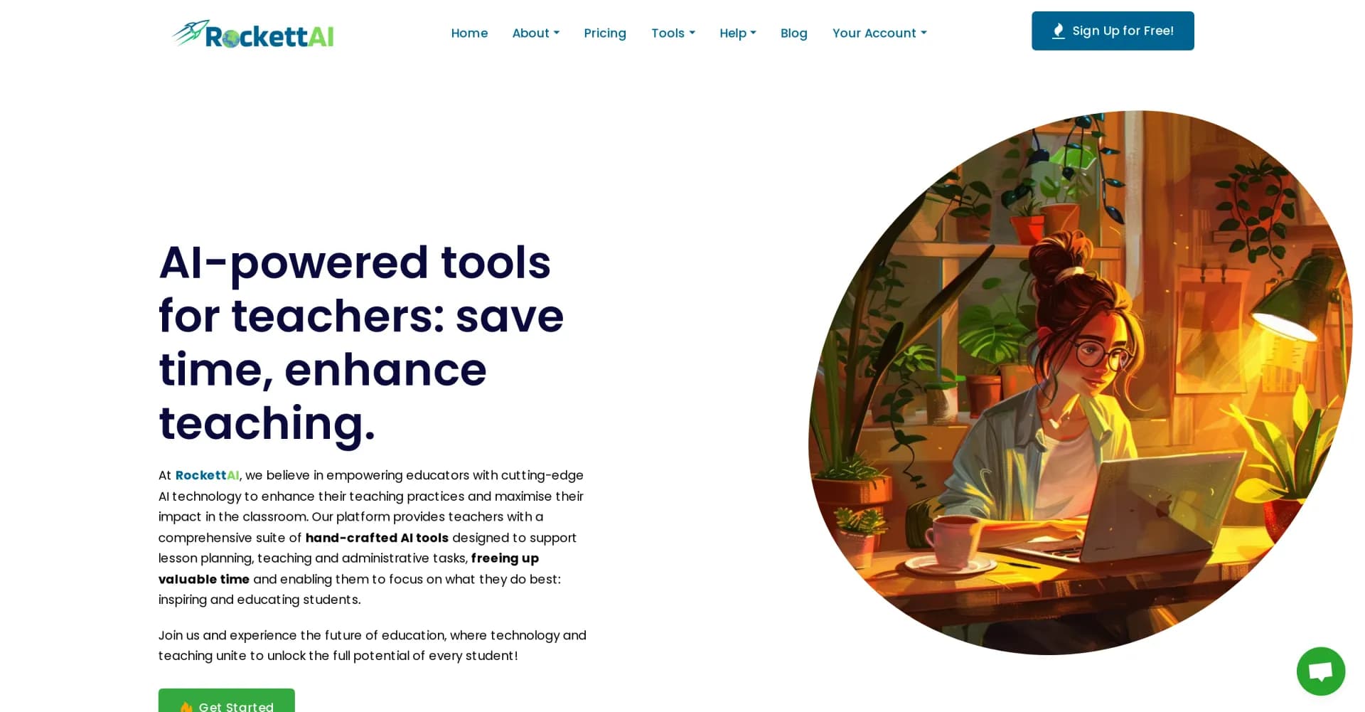 RockettAI homepage screenshot — AI-powered tools to save time and enhance teaching.