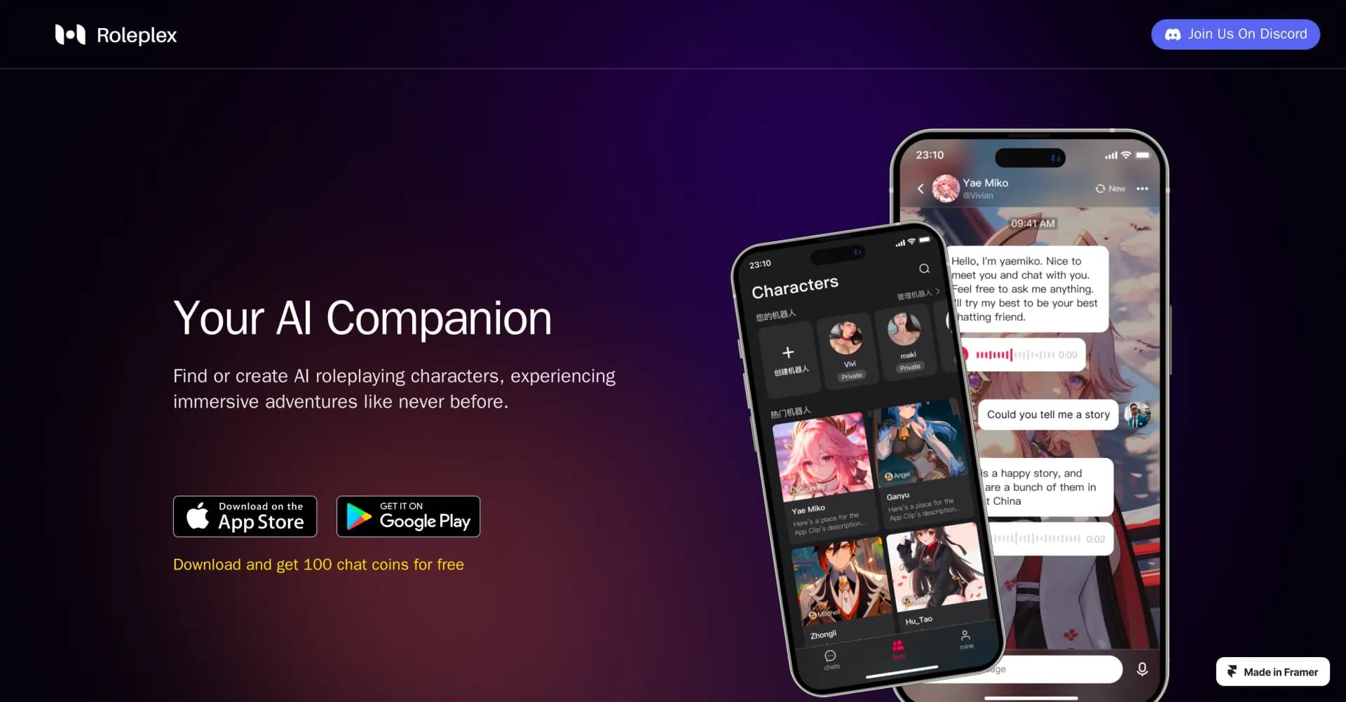 Roleplex homepage screenshot — Immersive AI adventures with custom characters