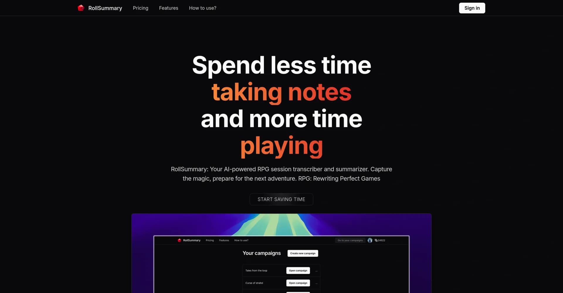 RollSummary homepage screenshot — AI-powered RPG session transcriber and summarizer
