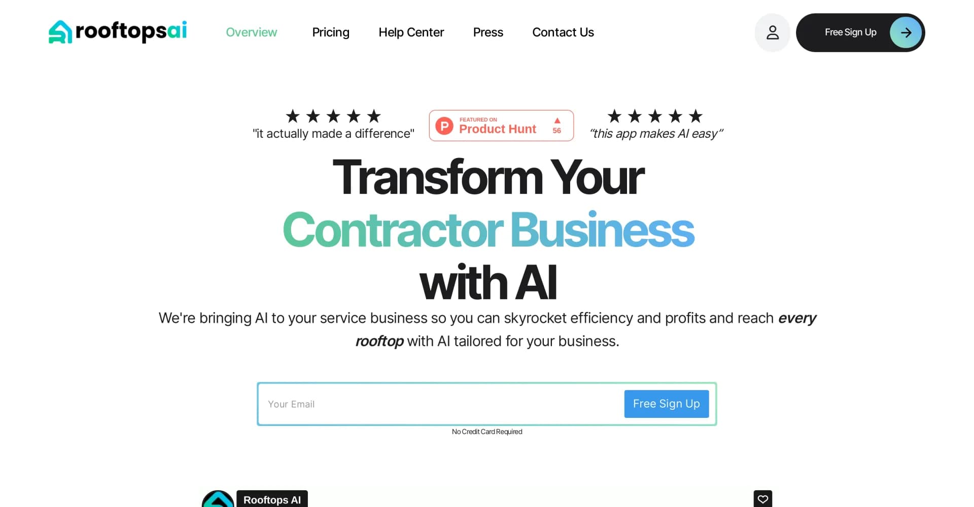 Rooftops AI homepage screenshot — AI-powered platform to transform your service business.