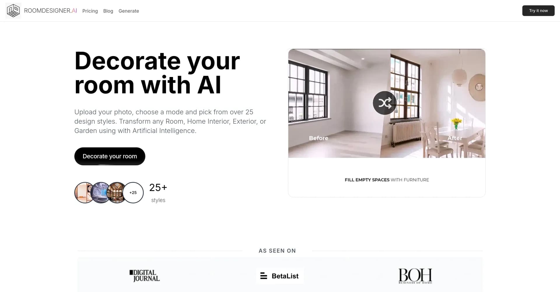 RoomDesigner AI homepage screenshot — Transform any room with AI-powered design