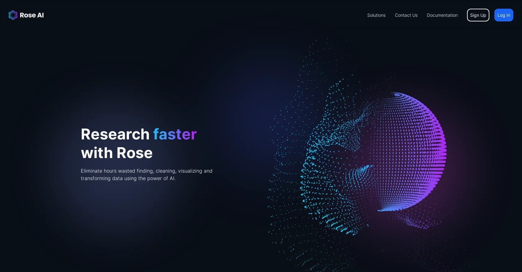Rose.AI homepage screenshot — Research faster with AI-powered data processing.