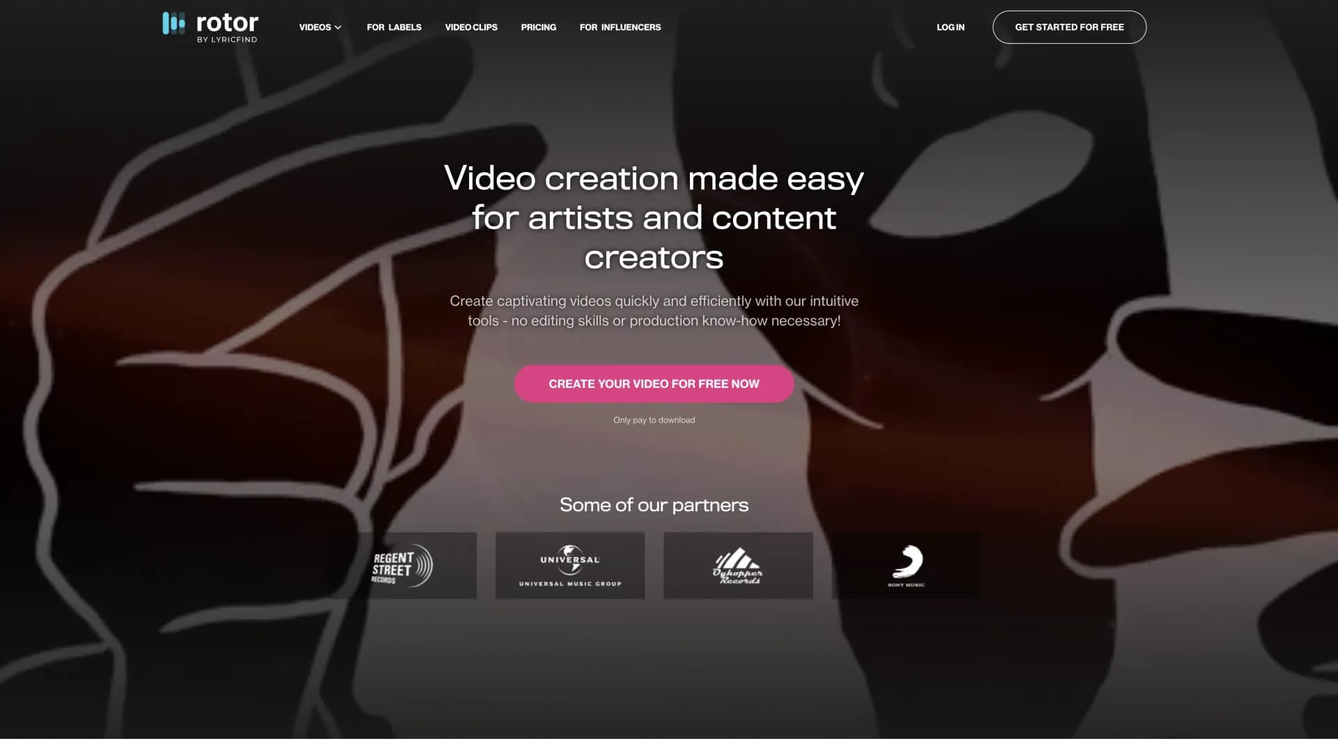 Rotor Videos homepage screenshot — Create music videos in minutes, no skills required.
