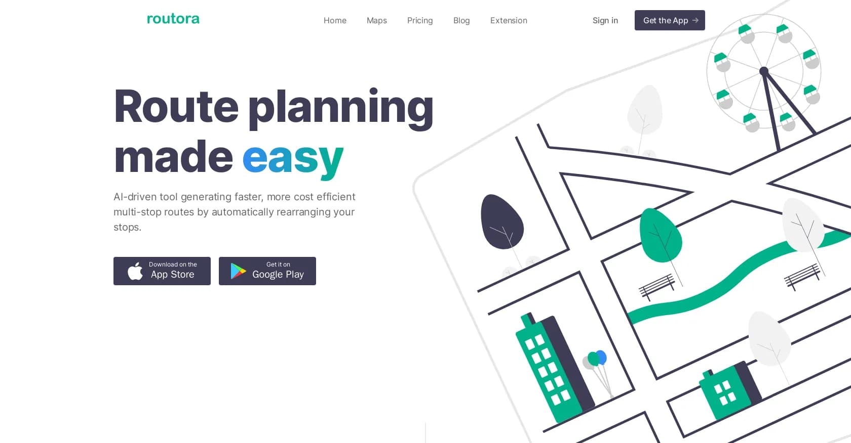 Routora homepage screenshot — AI-powered route optimization for multiple stops.